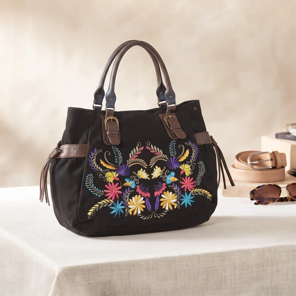 Boho Floral Embroidered Black Canvas Hobo Bag Tote Brown Trim Casual Purse